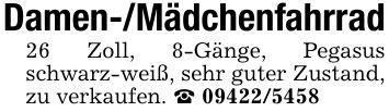 Damen-/Mädchenfahrrad26 Zoll, 8-Gänge, Pegasus schwarz-weiß, sehr guter Zustand, zu verkaufen. _ ***