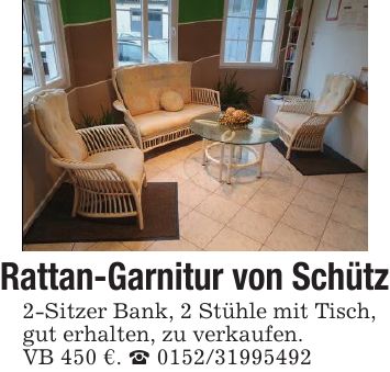 Rattan-Garnitur von Schütz2-Sitzer Bank, 2 Stühle mit Tisch,gut erhalten, zu verkaufen.VB 450 €. _ ***
