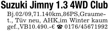 Suzuki Jimny 1.3 4WD Club Bj.02/09,71.140km,86PS,Graumet., Tüv neu, AHK,im Winter kaum gef.,VB10.490.-€ _ ***