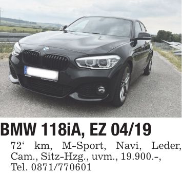 BMW 118iA, EZ ***' km, M-Sport, Navi, Leder, Cam., Sitz-Hzg., uvm., 19.900.-,Tel. ***