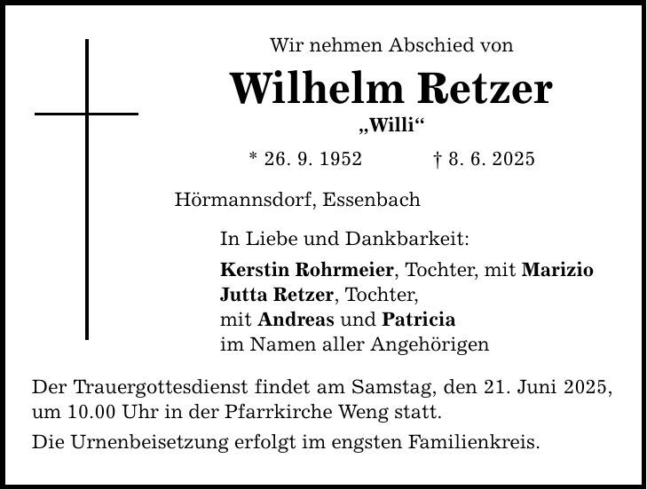 Wir nehmen Abschied von Wilhelm Retzer 