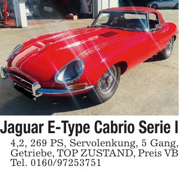 Jaguar E-Type Cabrio Serie I4,2, 269 PS, Servolenkung, 5 Gang, Getriebe, TOP ZUSTAND, Preis VB Tel. ***