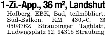 1-Zi.-App., 36 m², LandshutHofberg, EBK, Bad, teilmöbliert, Süd-Balkon, KM 430,-€, _ ***Z Straubinger Tagblatt, Ludwigsplatz 32, 94315 Straubing