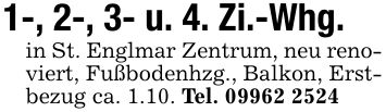 1-, 2-, 3- u. 4. Zi.-Whg. in St. Englmar Zentrum, neu renoviert, Fußbodenhzg., Balkon, Erstbezug ca. 1.10. Tel. ***