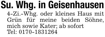 Su. Whg. in Geisenhausen4-Zi.-Whg. oder kleines Haus mit Grün für meine beiden Söhne, mich sowie Kater; ab sofortTel: ***