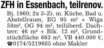 ZFH in Essenbach, teilrenov.Bj. 1960; 2x 3-Zi. m. Küche, Bad u. Abstellraum, EG 95 m² + Wiga 58m², OG 94 m², teilüberd. Dachterr. 46 m² + Blk. 12 m², Grundstückfläche 663 m², VB 440.000 €, _*** ohne Makler