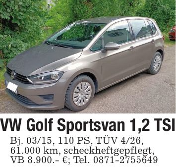 VW Golf Sportsvan 1,2 TSIBj. 03/15, 110 PS, TÜV 4/26,61.000 km, scheckheftgepflegt,VB 8.900.- €; Tel. ***