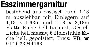 Esszimmergarnitur bestehend aus Esstisch rund 1,18 m ausziehbar mit Einlegern auf 1,18 x 1,68m und 1,18 x 2,18m Platte Eiche hell furniert, Gestell Eiche hell massiv, 6 Holzstühle Eiche hell, gepolstert, Preis: VB, _ ***
