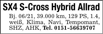 SX4 S-Cross Hybrid AllradBj. 06/21, 39.000 km, 129 PS, 1.4, weiß, Klima, Navi, Tempomant, SHZ, AHK, Tel. ***