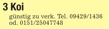 3 Koi günstig zu verk. Tel. ***od. ***