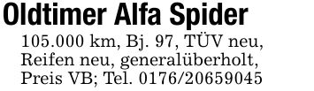 Oldtimer Alfa Spider105.000 km, Bj. 97, TÜV neu,Reifen neu, generalüberholt,Preis VB; Tel. ***