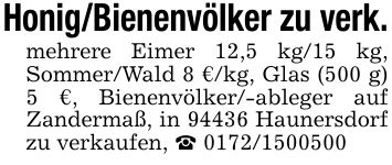 Honig/Bienenvölker zu verk.mehrere Eimer 12,5 kg/15 kg, Sommer/Wald 8 €/kg, Glas (500 g) 5 €, Bienenvölker/-ableger auf Zandermaß, in 94436 Haunersdorf zu verkaufen, _ ***