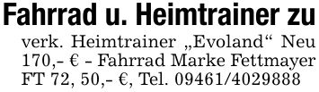 Fahrrad u. Heimtrainer zuverk. Heimtrainer 