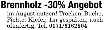 Brennholz -30% Angebot im August nutzen! Trocken, Buche, Fichte, Kiefer, 1m gespalten, auch ofenfertig, Tel. ***