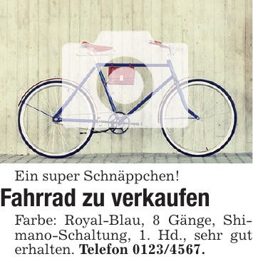 Ein super Schnäppchen!Fahrrad zu verkaufenFarbe: Royal-Blau, 8 Gänge, Shimano-Schaltung, 1. Hd., sehr gut erhalten. Telefon ***.