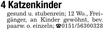 4 Katzenkindergesund u. stubenrein; 12 Wo., Freigänger, an Kinder gewöhnt, bev. paarw. o. einzeln; _***