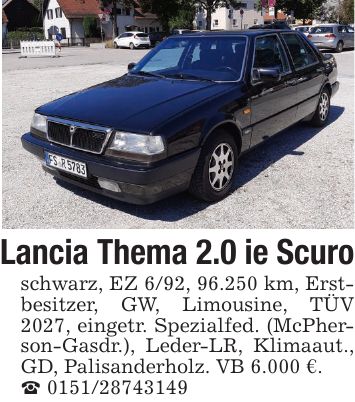 Lancia Thema 2.0 ie Scuroschwarz, EZ 6/92, 96.250 km, Erstbesitzer, GW, Limousine, TÜV 2027, eingetr. Spezialfed. (McPherson-Gasdr.), Leder-LR, Klimaaut., GD, Palisanderholz. VB 6.000 €._ ***