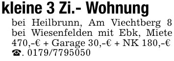 kleine 3 Zi.- Wohnungbei Heilbrunn, Am Viechtberg 8 bei Wiesenfelden mit Ebk, Miete 470,-€ + Garage 30,-€ + NK 180,-€_. ***