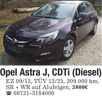 Opel Astra J, CDTi (Diesel) EZ 09/12, TÜV 12/25, 209.000 km, SR + WR auf Alufelgen, 3800€ _ ***