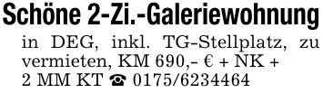 Schöne 2-Zi.-Galeriewohnungin DEG, inkl. TG-Stellplatz, zu vermieten, KM 690,- € + NK +2 MM KT _ ***