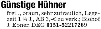 Günstige Hühnerfreil., braun, sehr zutraulich, Legezeit 1 3/4 J., AB 3,-€ zu verk.; Biohof J. Ebner, DEG ***
