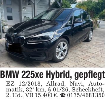 BMW 225xe Hybrid, gepflegtEZ ***, Allrad, Navi, Auto- matik, 82' km, § 01/26, Scheckheft,2. Hd., VB 15.400 €, _ ***