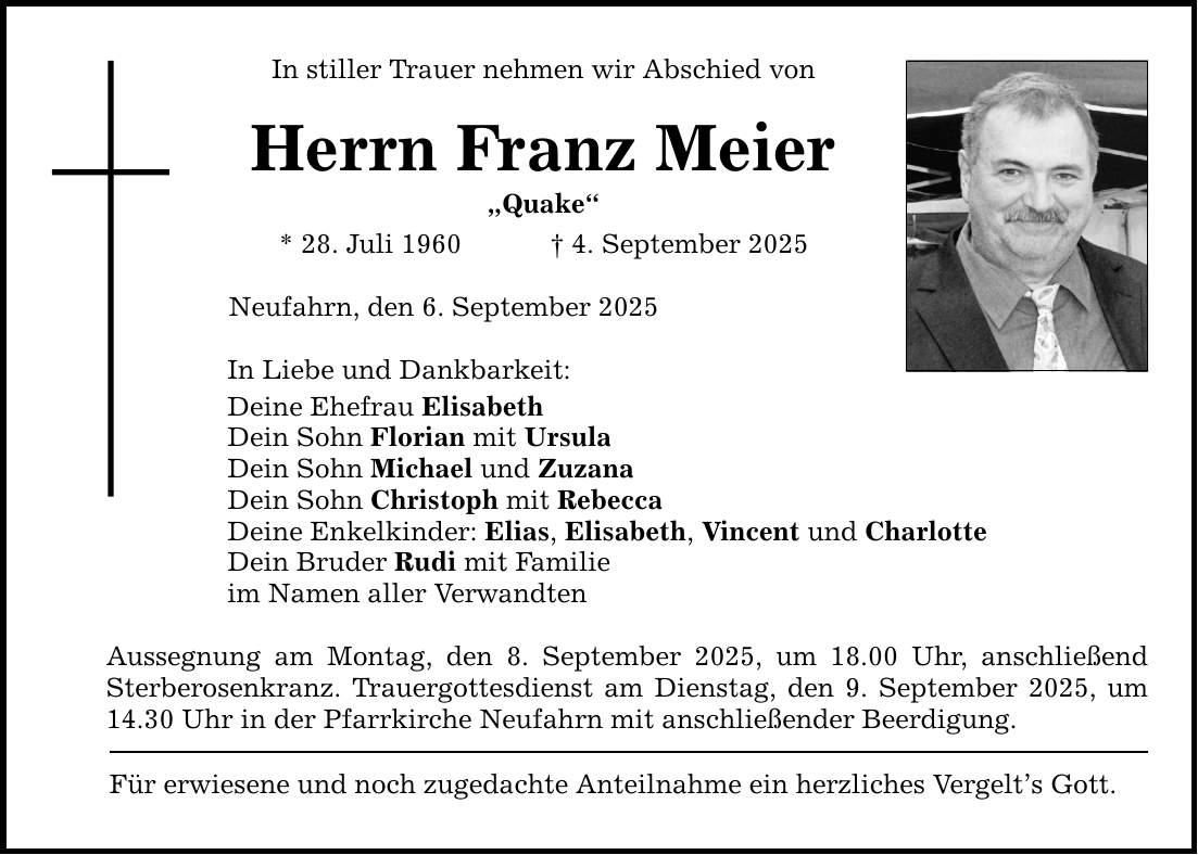 In stiller Trauer nehmen wir Abschied von Herrn Franz Meier 