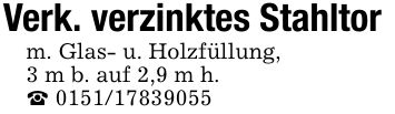 Verk. verzinktes Stahltorm. Glas- u. Holzfüllung,3 m b. auf 2,9 m h._ ***