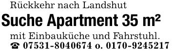 Rückkehr nach Landshut Suche Apartment 35 m² mit Einbauküche und Fahrstuhl._ *** o. ***