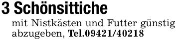 3 Schönsittichemit Nistkästen und Futter günstig abzugeben, Tel.***