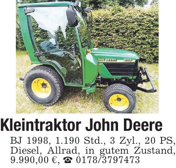 Kleintraktor John Deere BJ 1998, 1.190 Std., 3 Zyl., 20 PS, Diesel, Allrad, in gutem Zustand, 9.990,00 €, _ ***