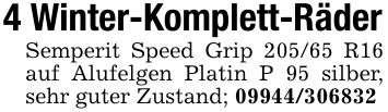 4 Winter-Komplett-RäderSemperit Speed Grip 205/65 R16 auf Alufelgen Platin P 95 silber, sehr guter Zustand; ***