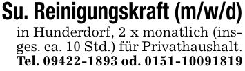 Su. Reinigungskraft (m/w/d)in Hunderdorf, 2 x monatlich (insges. ca. 10 Std.) für Privathaushalt.Tel. *** od. ***
