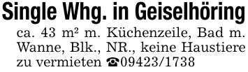 Single Whg. in Geiselhöringca. 43 m² m. Küchenzeile, Bad m. Wanne, Blk., NR., keine Haustiere zu vermieten _***