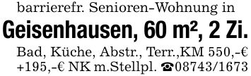 barrierefr. Senioren-Wohnung inGeisenhausen, 60 m², 2 Zi.Bad, Küche, Abstr., Terr.,KM 550,-€ +195,-€ NK m.Stellpl. _***