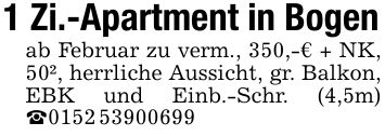 1 Zi.-Apartment in Bogenab Februar zu verm., 350,-€ + NK, 50², herrliche Aussicht, gr. Balkon, EBK und Einb.-Schr. (4,5m) _***