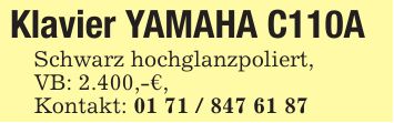 Klavier YAMAHA C110A Schwarz hochglanzpoliert, VB: 2.400,-€, Kontakt: ***