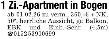 1 Zi.-Apartment in Bogenab 01.02.26 zu verm., 360,-€ + NK, 50², herrliche Aussicht, gr. Balkon, EBK und Einb.-Schr. (4,5m) _***