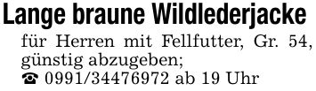 Lange braune Wildlederjacke für Herren mit Fellfutter, Gr. 54, günstig abzugeben;_ *** ab 19 Uhr