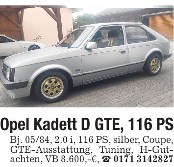 Opel Kadett D GTE, 116 PS Bj. 05/84, 2.0 i, 116 PS, silber, Coupe, GTE-Ausstattung, Tuning, H-Gutachten, VB 8.600,-€, _ ***