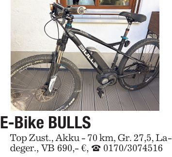 E-Bike BULLS Top Zust., Akku - 70 km, Gr. 27,5, Ladeger., VB 690,- €, _ ***