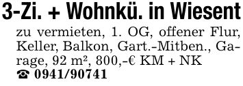 3-Zi. + Wohnkü. in Wiesentzu vermieten, 1. OG, offener Flur, Keller, Balkon, Gart.-Mitben., Garage, 92 m², 800,-€ KM + NK_ ***
