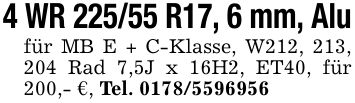 4 WR 225/55 R17, 6 mm, Alufür MB E + C-Klasse, W212, 213, 204 Rad 7,5J x 16H2, ET40, für 200,- €, Tel. ***