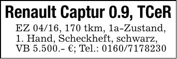 Renault Captur 0.9, TCeREZ 04/16, 170 tkm, 1a-Zustand,1. Hand, Scheckheft, schwarz,VB 5.500.- €; Tel.: ***