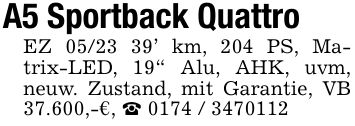 A5 Sportback QuattroEZ ***' km, 204 PS, Matrix-LED, 19