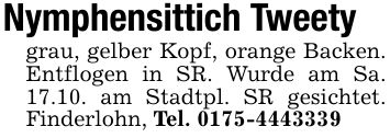 Nymphensittich Tweetygrau, gelber Kopf, orange Backen. Entflogen in SR. Wurde am Sa. 17.10. am Stadtpl. SR gesichtet. Finderlohn, Tel. ***