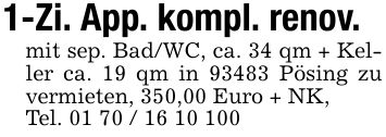 1-Zi. App. kompl. renov. mit sep. Bad/WC, ca. 34 qm + Keller ca. 19 qm in 93483 Pösing zu vermieten, 350,00 Euro + NK,Tel. ***