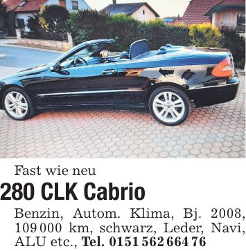 Fast wie neu 280 CLK Cabrio Benzin, Autom. Klima, Bj. 2008, *** km, schwarz, Leder, Navi, ALU etc., Tel. ***