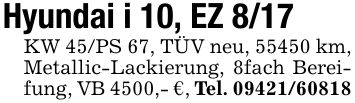 Hyundai i 10, EZ 8/17KW 45/PS 67, TÜV neu, 55450 km, Metallic-Lackierung, 8fach Bereifung, VB 4500,- €, Tel. ***