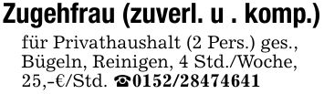 Zugehfrau (zuverl. u . komp.)für Privathaushalt (2 Pers.) ges.,Bügeln, Reinigen, 4 Std./Woche,25,-€/Std. _***